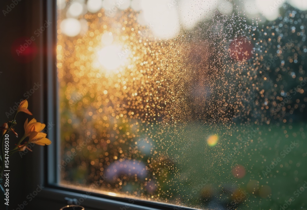 Poster sun flare bokeh through a foggy window, creating a warm and dreamy atmosphere