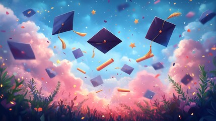 Cheerful graduation celebration card with flying caps diploma scrolls and golden stars The card captures the excitement of achievement with bright colors and celebratory banners