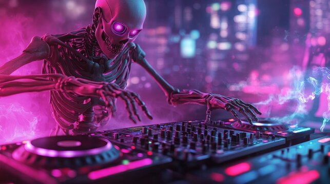 A futuristic skeleton DJ with glowing LED eyes performs on a high-tech CDJ setup, surrounded by holographic sound waves. The cyberpunk city skyline flickers behind him