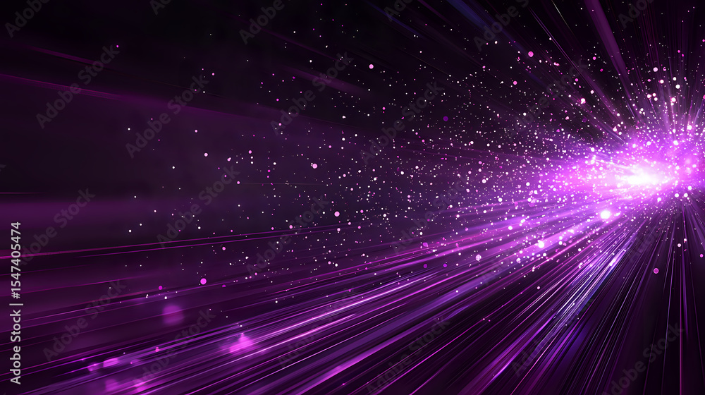Poster glowing purple light rays burst from bright center point with sparkling particles and streaks agains