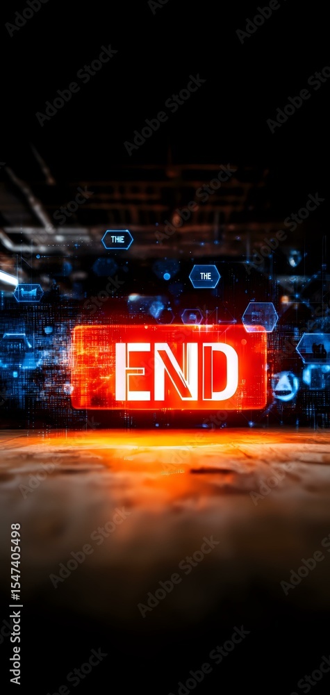 Poster glowing red end sign with futuristic hexagonal elements and digital artifacts against dark backgroun