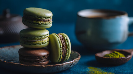 An elegant display of green tea and chocolate macarons next to a cup of steaming tea, creating a warm and inviting atmosphere.