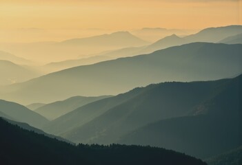 Misty mountain gradient layers create a serene and tranquil landscape
