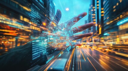 Hand interacting with digital code in a city