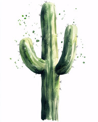 Watercolor Saguaro Cactus with Green Paint Splatters &ndash; Hand Painted Botanical Illustration on White Background
