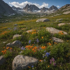 Paint the stillness of a remote alpine meadow where wildflowers bloom between boulders