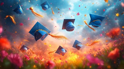 Cheerful graduation celebration card with flying caps diploma scrolls and golden stars The card captures the excitement of achievement with bright colors and celebratory banners