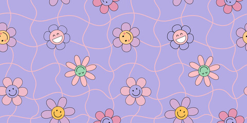 Seamless retro pattern featuring groovy cartoon flowers. Playful hippie flower. Psychedelic vibe perfect for textile, wrapping paper, poster, and vintage-inspired digital projects