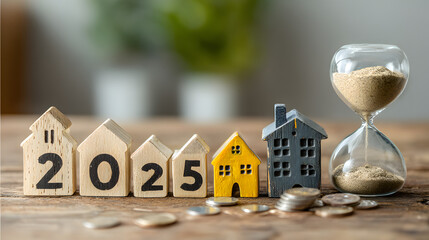 Wooden blocks form '2025' alongside miniature houses and an hourglass, symbolizing real estate and future investments.