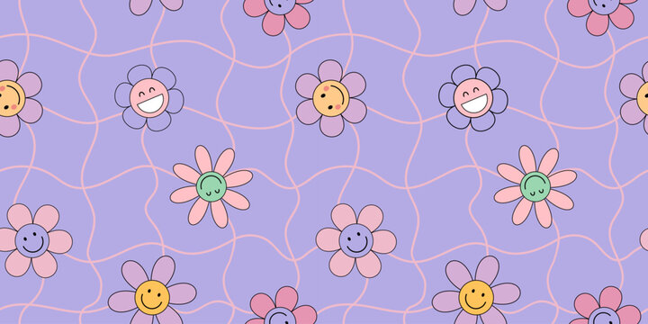 Seamless retro pattern featuring groovy cartoon flowers. Playful hippie flower. Psychedelic vibe perfect for textile, wrapping paper, poster, and vintage-inspired digital projects