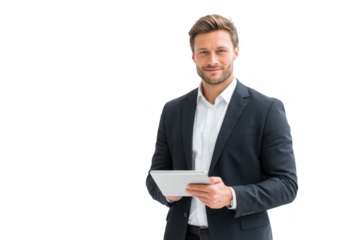A confident businessman in a tailored suit holding a tablet. standing against a clean. white background. exuding professionalism and readiness for a business meeting or presentation