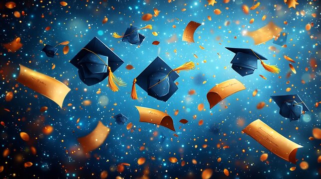 Cheerful graduation celebration card with flying caps diploma scrolls and golden stars The card captures the excitement of achievement with bright colors and celebratory banners