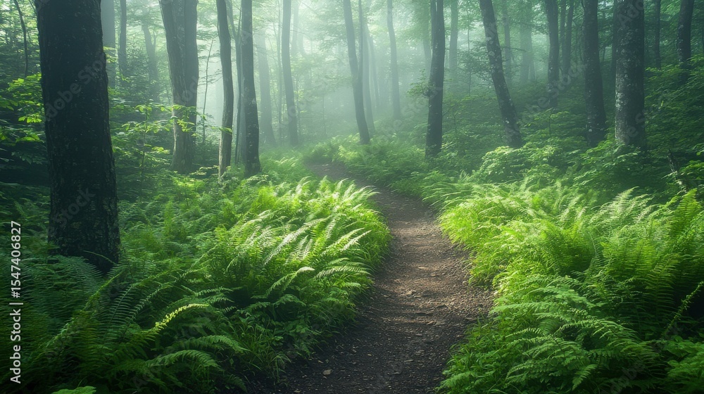 Poster Serene forest path with ferns and trees in daylight