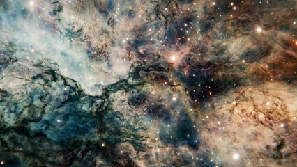 Colorful nebula cloud of gas and dust floating in deep space