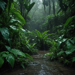 Describe the deep, rich greens of a jungle just after rainfall, with water dripping from every leaf