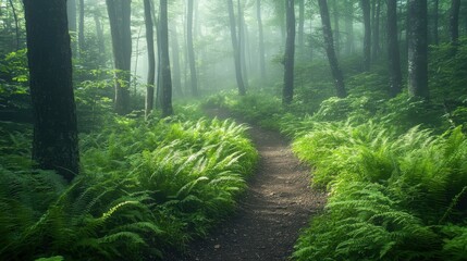 Obraz premium Serene forest path with ferns and trees in daylight