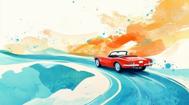 Red convertible car driving on scenic road in nature during day