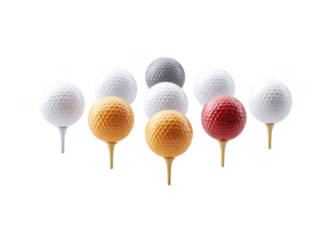 A collection of golf balls in various colors arranged on tees. showcasing a mix of traditional white. vibrant red. yellow. and gray balls. set against a clean white background ideal for sports-theme