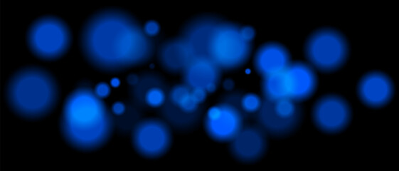 Blue blurred bokeh particles with varying size and opacity on black background. Abstract design element for festive or sci-fi scenes.