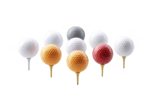 A collection of golf balls in various colors arranged on tees. showcasing a mix of traditional white. vibrant red. yellow. and gray balls. set against a clean white background ideal for sports-theme
