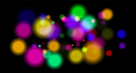 Multicolor blurred circles on dark backdrop. Bright glowing particles form warm atmospheric visual effect.