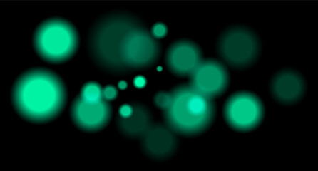 Green blurred bokeh circles on black background with soft glow, imitating distant lights or defocused highlights in low-light environment.
