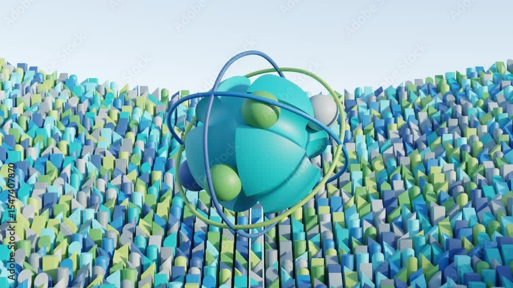 Poster modern 3d animation with dynamic blue-green spheres in smooth symmetrical motion, seamless geometric