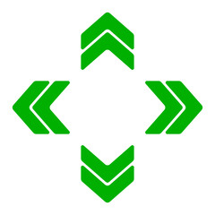 Arrow cluster icon. Green outlined chevrons pointing up, down, left, right. Indicates navigation, orientation, digital movement, or data flow.