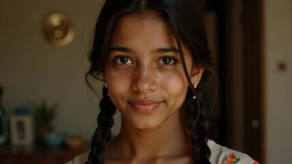 Portrait of a Teenage Girl with Long Braids Subtle Makeup and Kohl Rimmed Eyes Medium Brown Skin Tone Indian Ethnicity