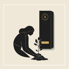 Woman planting a tree while kneeling beside a modern box design  