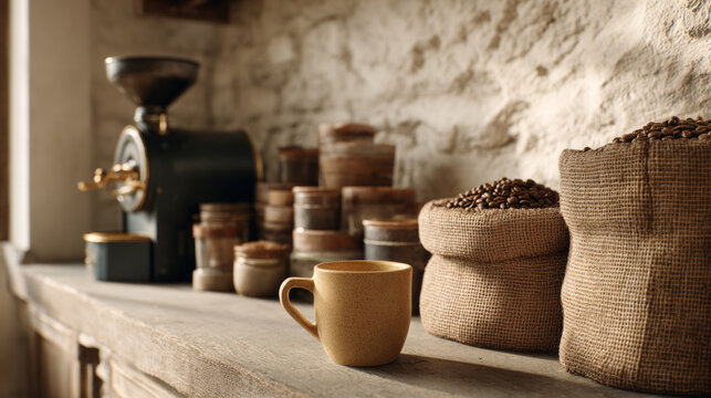 Coffee cup with burlap sacks filled with coffee bean in rustic kitchen corner