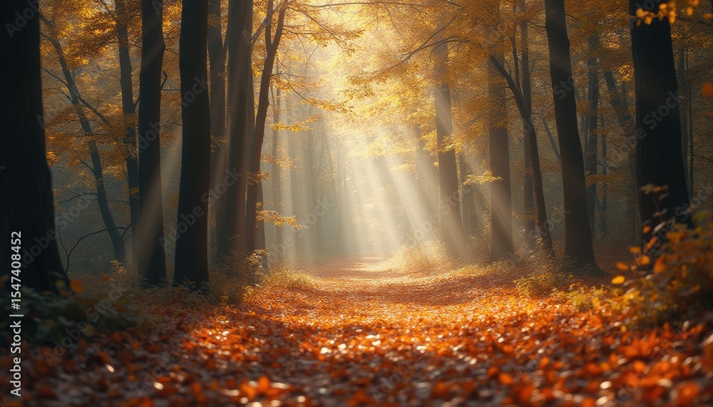 Poster sunbeams shining through autumn trees in serene forest
