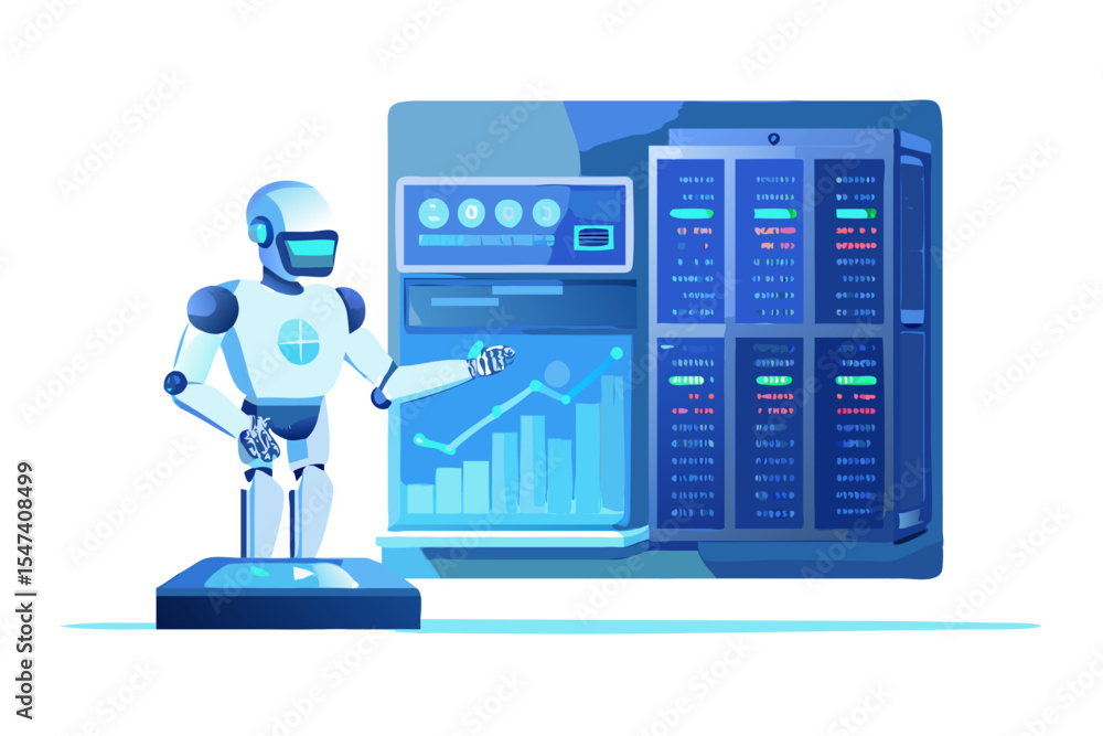 Poster robot analyzing data on futuristic dashboard