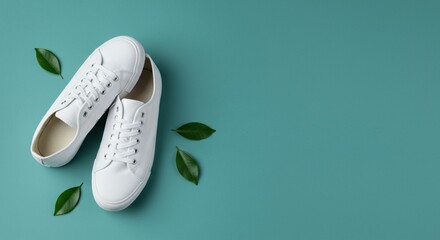White canvas sneakers on teal background
