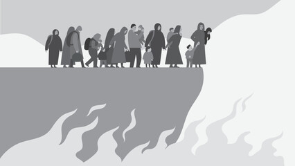 People fleeing the war are on the verge of despair. Black and white vector illustration on the theme of war, refugees, world conflict
