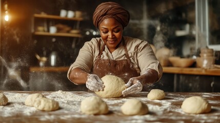 A skilled baker works on kneading dough in a rustic kitchen, surrounded by flour and baking tools, showcasing the art and passion behind creating homemade bread.