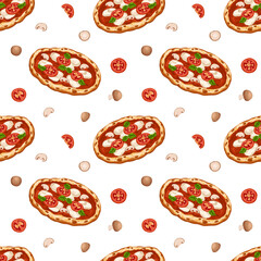Vector seamless pizza pattern with tomato toppings, melted cheese and mushrooms. Cartoon fast food concept for menu, food delivery branding, wrapping, packaging, prints isolated on white background