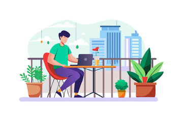 Man working on laptop on city balcony