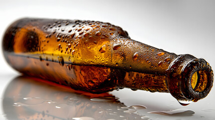 A close-up of a brown beer bottle, glistening with condensation and droplets, set against a blurred background.
