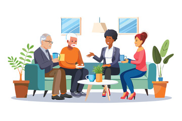 Diverse group of seniors enjoying conversation and tea