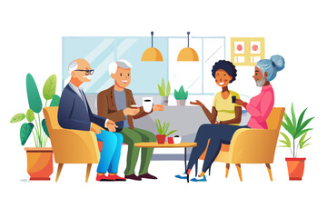 Diverse group of seniors enjoying coffee together in a cafe