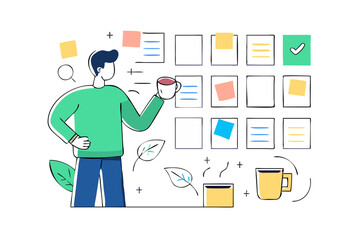 Man planning project with sticky notes and coffee