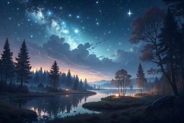 Circular Fantasy Landscape with Night Sky and Clouds