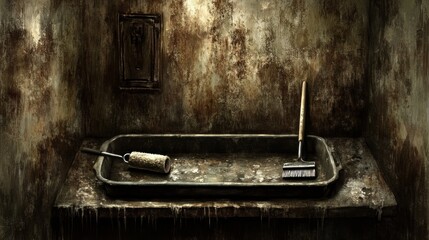 Old, dusty cleaning tools in a dimly lit room