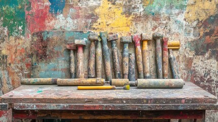 Old paint tools on a weathered table
