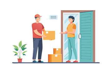Delivery man giving package to customer at door