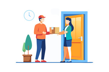 Delivery person giving package to customer at home