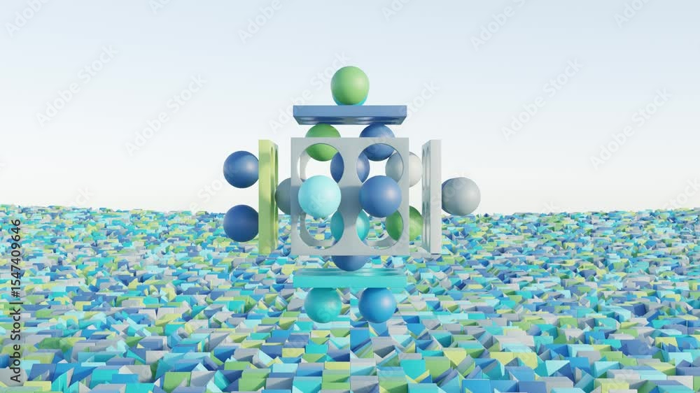 Aufkleber structured 3d layout of blue and green spheres in looping animation with elegant motion flow, ideal 