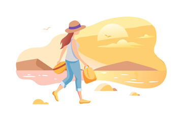 Woman traveler walking on desert beach at sunset