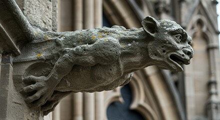 Weathered Stone Gargoyle Perched on Gothic Cathedral Facade